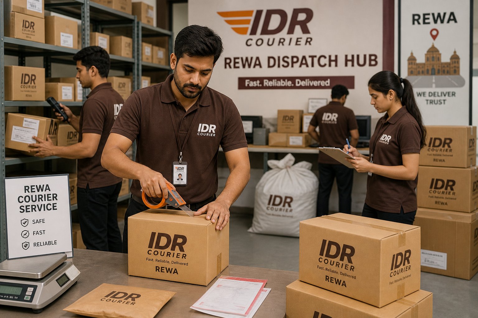 Customer packed and sealed cartons with a wrapped suitcase being labelled at a doorstep by IDR Courier staff