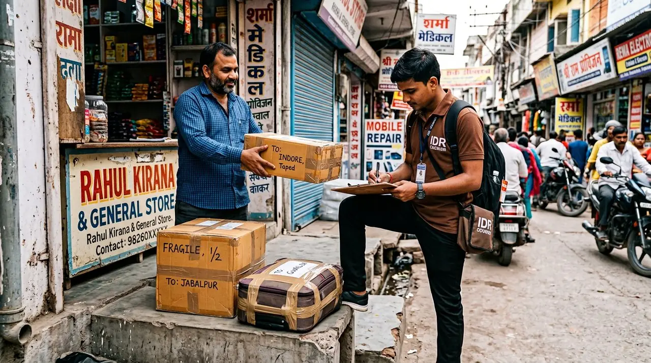 IDR Courier staff collecting sealed cartons and a taped suitcase from a shop doorstep in Rewa