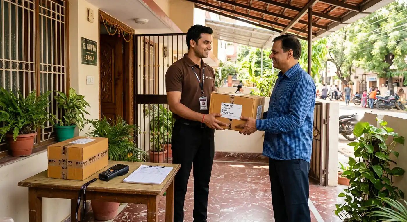 Doorstep courier collection from residential porch in Sagar