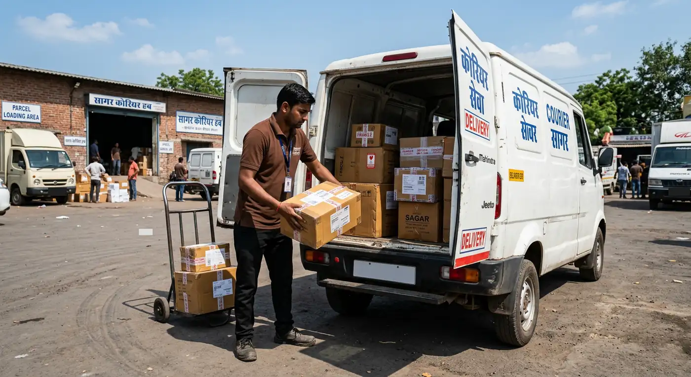 Loading collected doorstep parcels for line-haul dispatch from Sagar