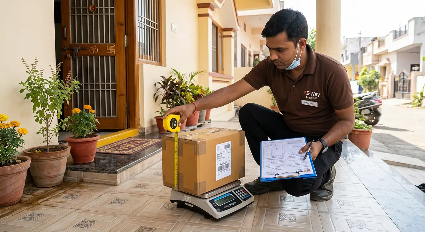 Parcel weighing and dimensional verification during Sagar doorstep courier collection