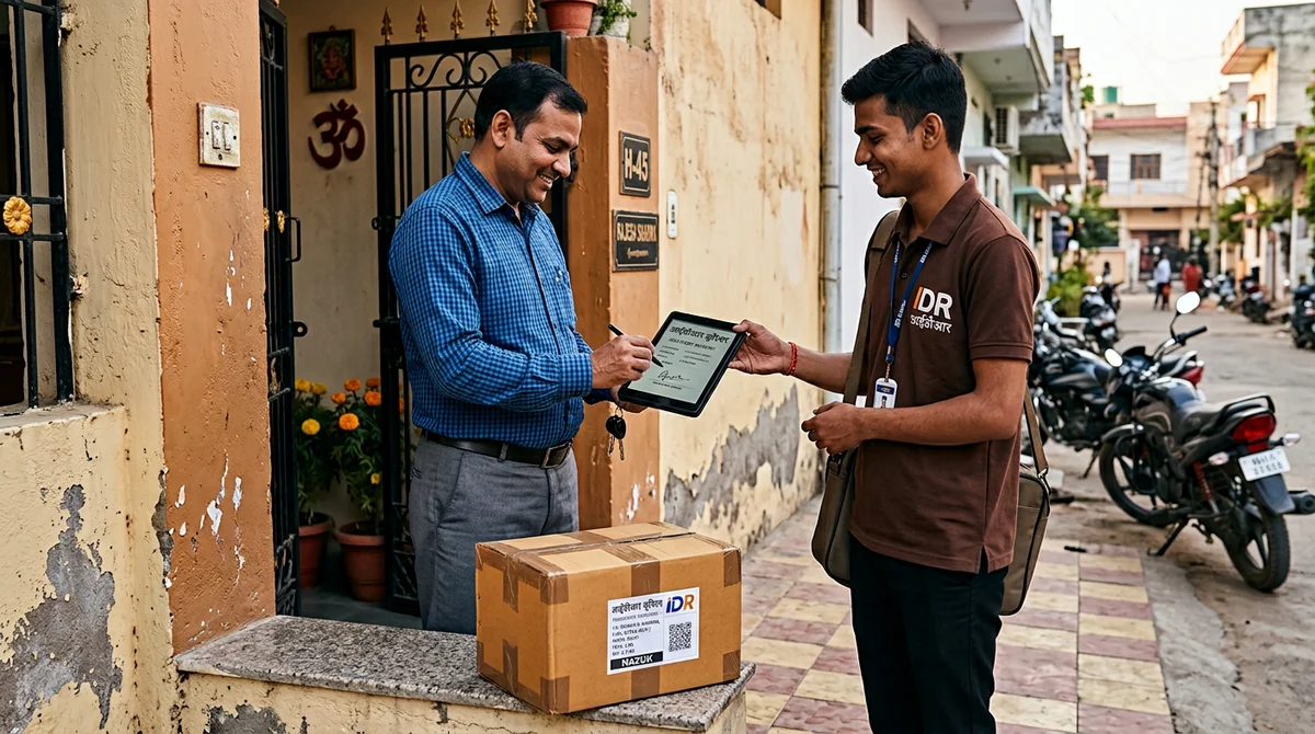 Courier pickup handover and digital acknowledgment receipt at doorstep in Satna