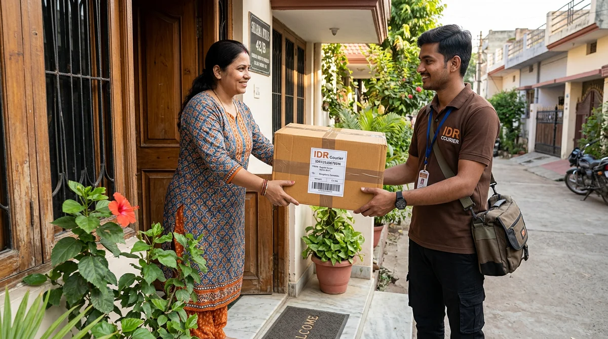 Courier executive collecting packed parcel from residential doorstep in Satna