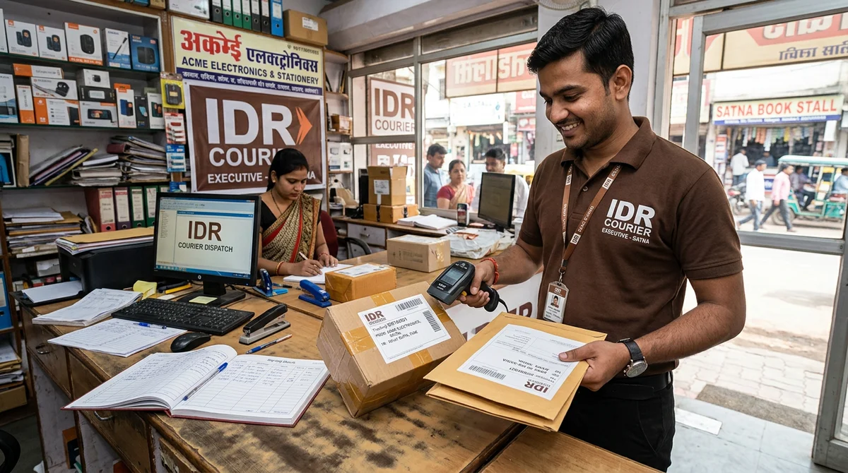 Commercial parcel and document pickup from an office counter in Satna