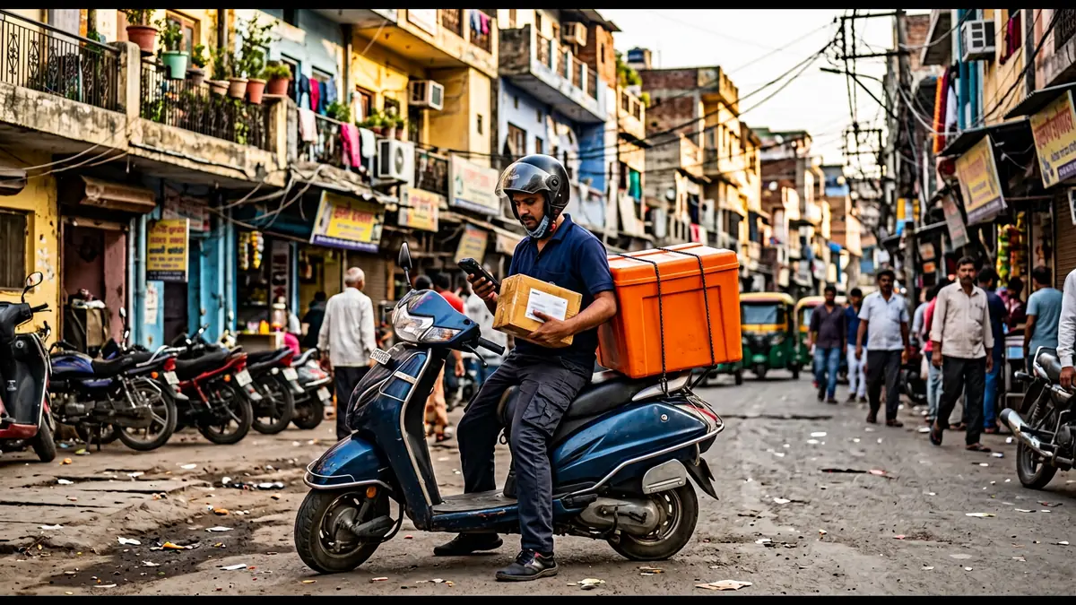 Courier on a scooter checking a device in a Gwalior street before a parcel pickup