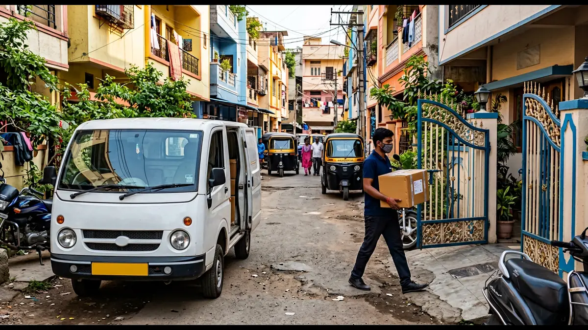 Courier executive carrying a sealed carton from a delivery van to a house in Gwalior
