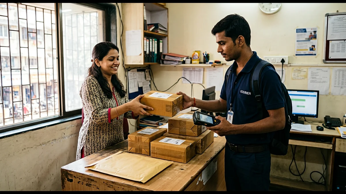 Courier executive collecting sealed parcels from an office counter in Gwalior