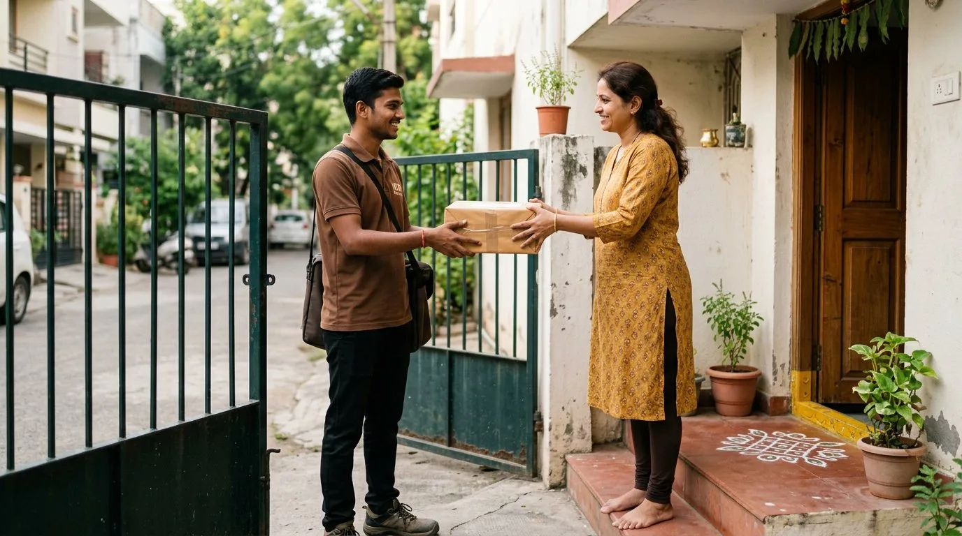 Customer handing a sealed parcel to an IDR courier executive at the home gate for doorstep pickup