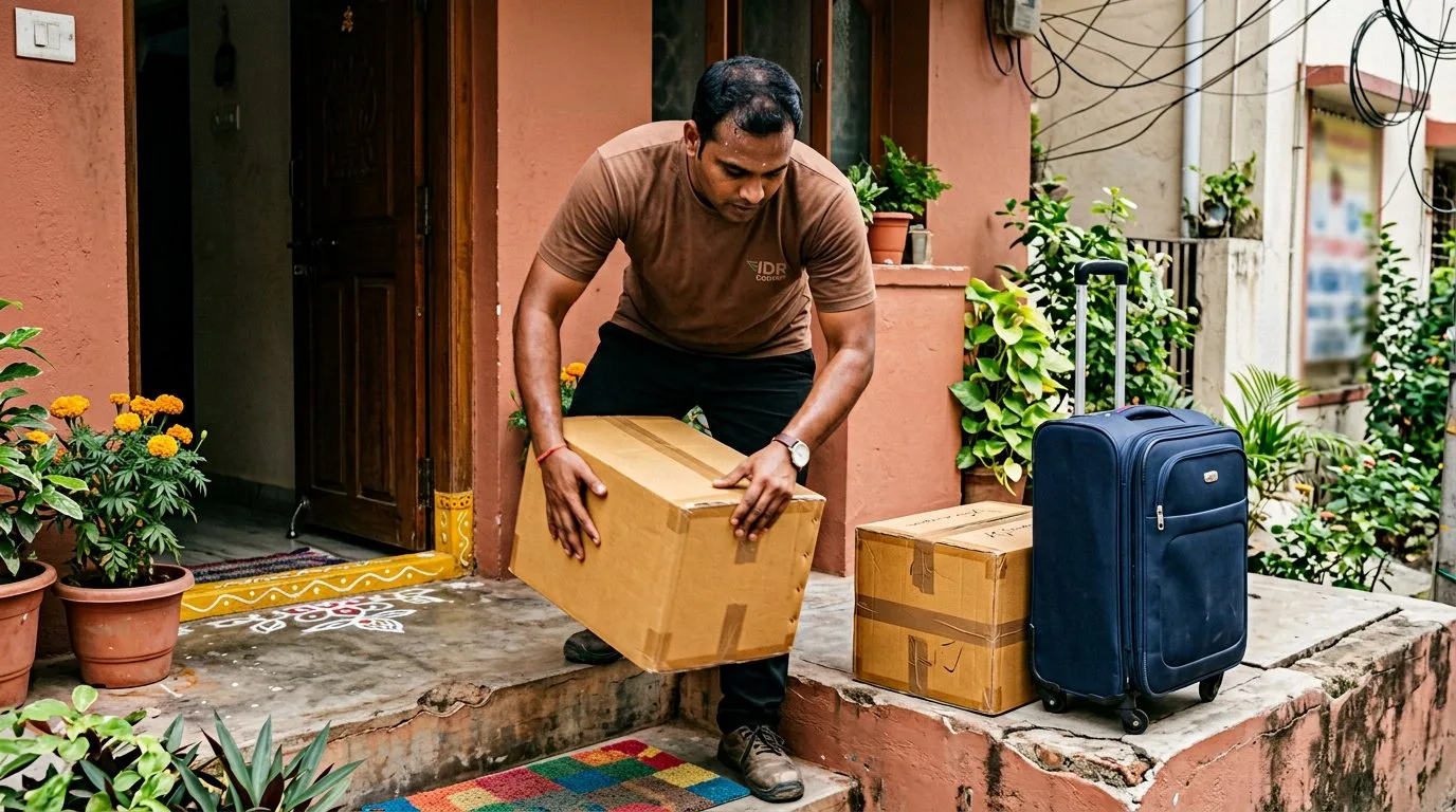 Sealed cartons and a trolley suitcase ready at a doorstep for doorstep parcel pickup