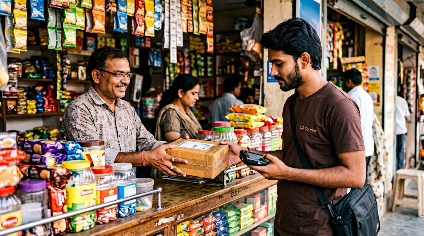 Shopkeeper handing a sealed parcel to an IDR courier executive at the shop counter