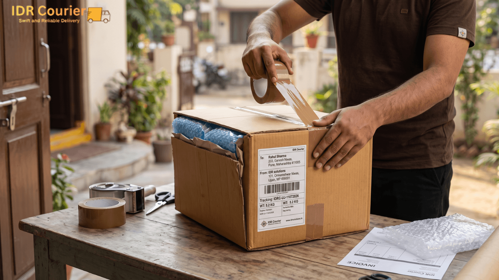 Package being sealed and prepared before doorstep courier pickup in Ujjain