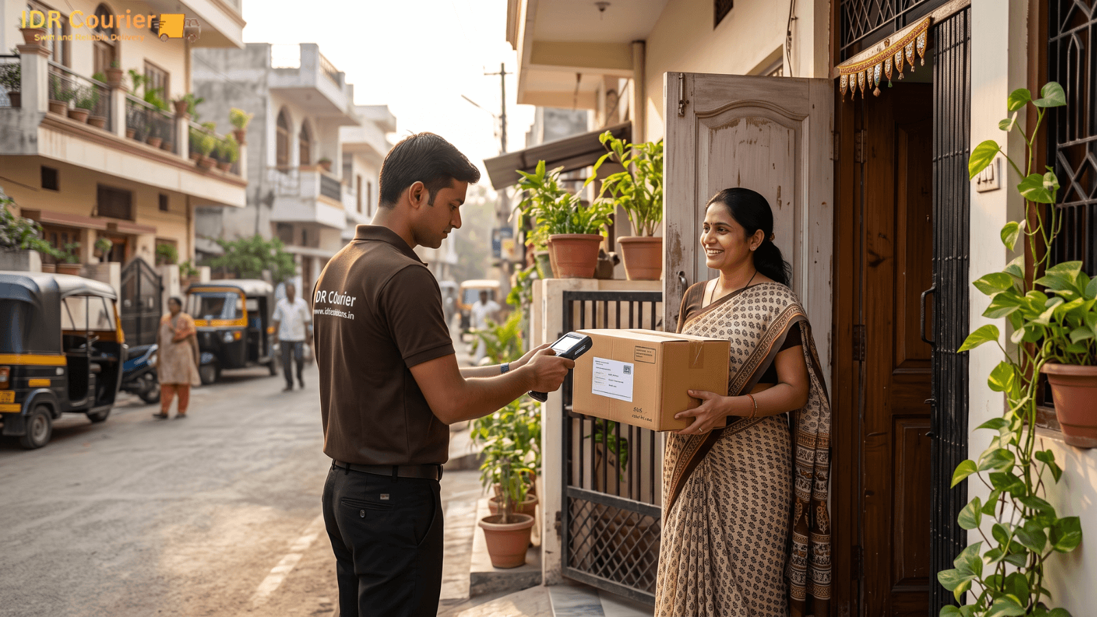 Courier executive collecting a parcel from a home doorstep in Ujjain