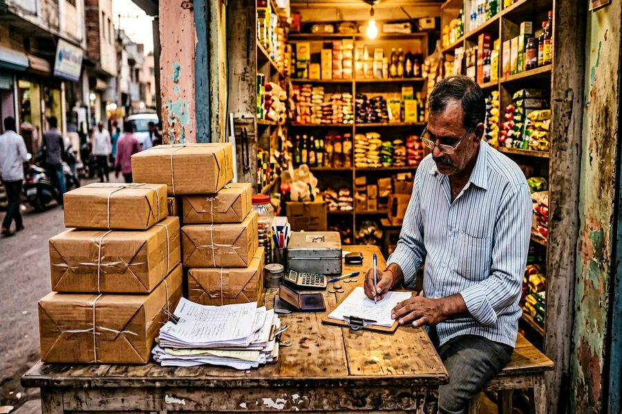 Sealed ecommerce parcels and invoices ready for dispatch at a shop counter in Dewas