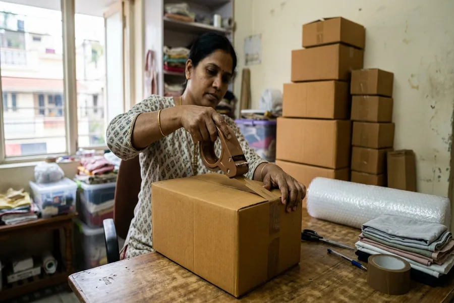 Online seller sealing a cardboard ecommerce parcel with packaging tape in Dewas