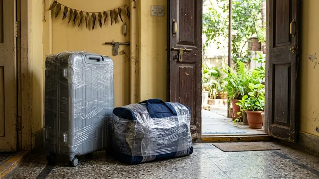 Wrapped suitcases ready for luggage courier booking from Dewas