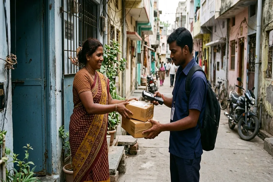 Courier executive collecting sealed ecommerce parcels from a home-based online seller in Dewas