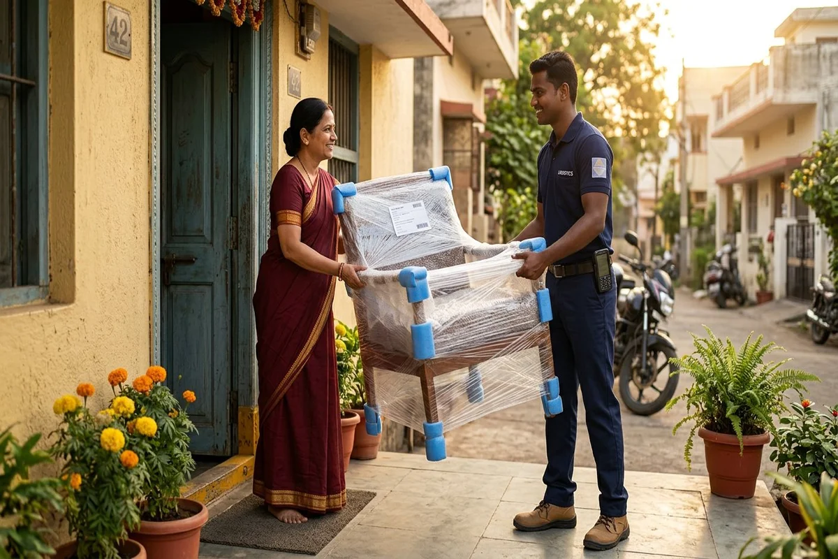 Wrapped furniture ready for courier pickup in Dewas