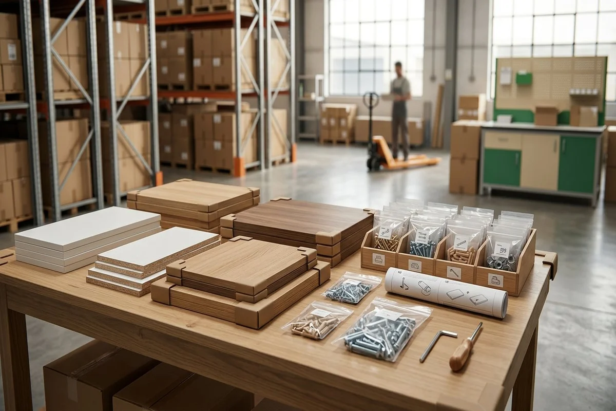 Packed modular furniture components ready for delivery from Dewas