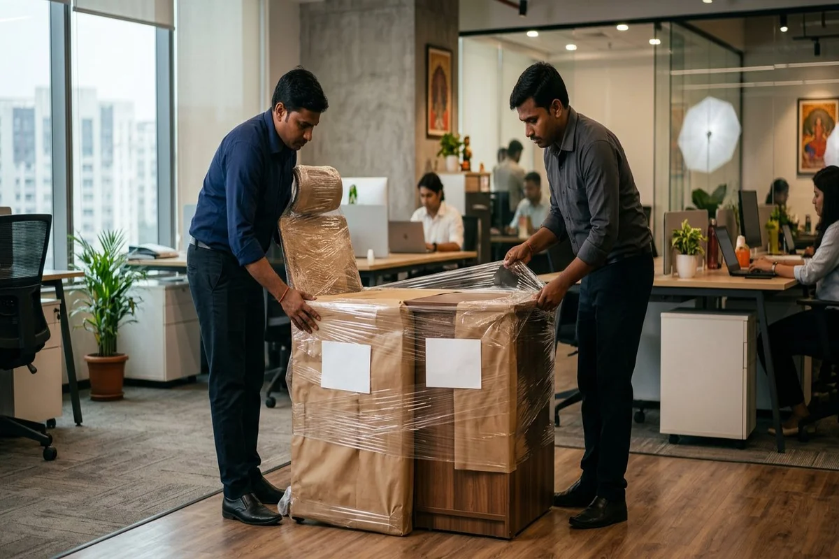 Packed office furniture prepared for delivery from Dewas