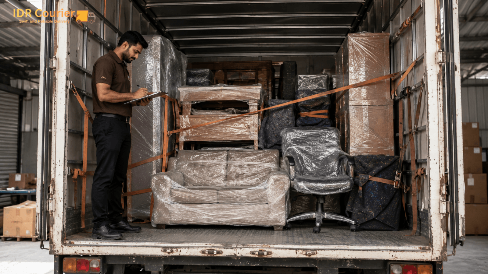 Wrapped furniture being loaded securely into a transport vehicle