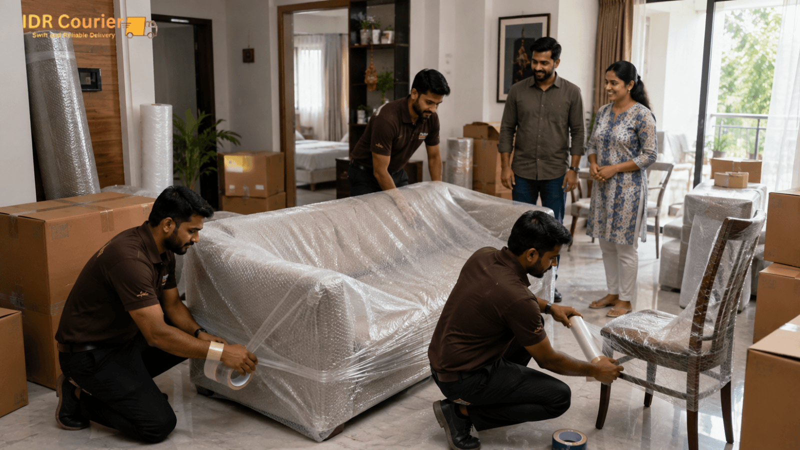 Furniture courier team collecting a sofa for pickup from a home