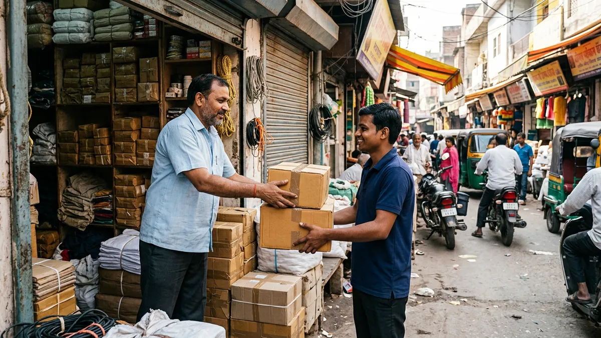 Business consignment of sealed cartons being collected from a wholesale shop in Gwalior
