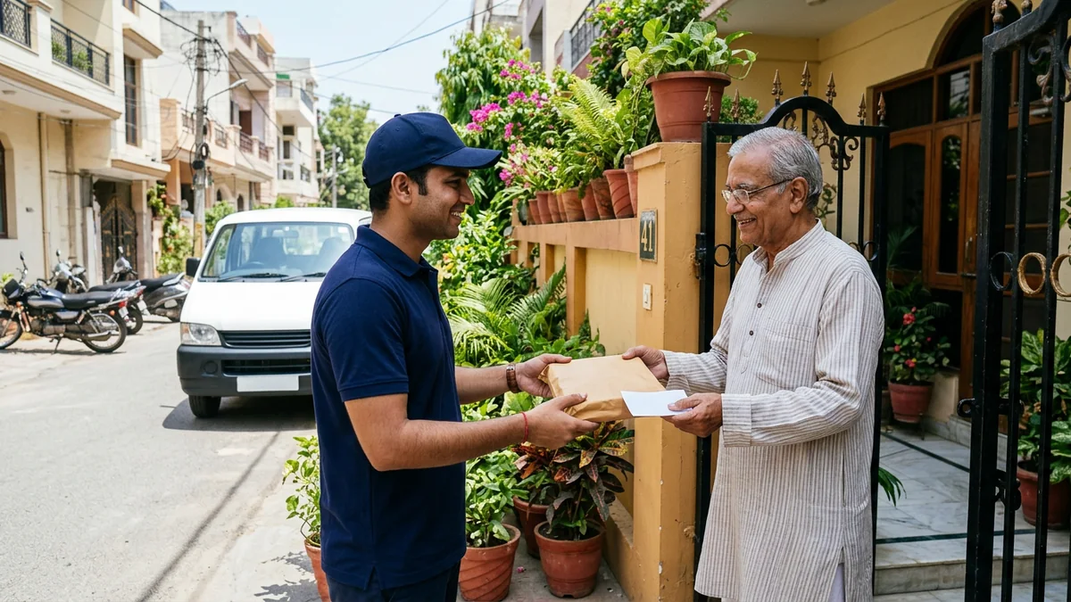 Parcel being handed over at the doorstep of a home in Gwalior