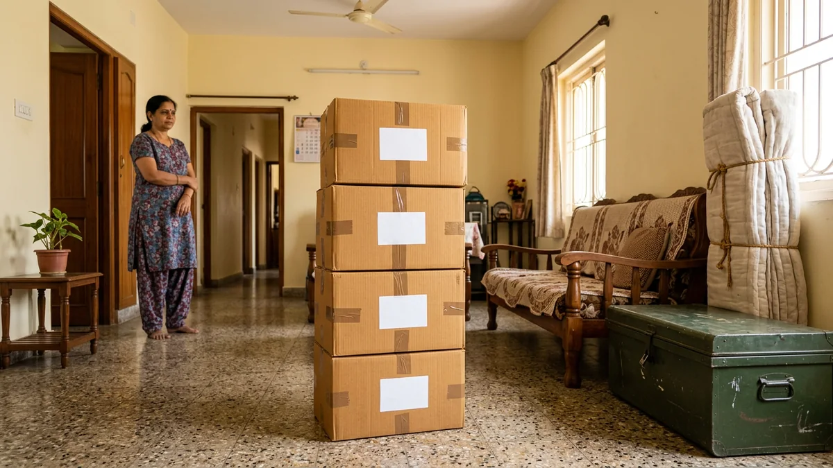 Sealed household cartons and steel trunk ready for courier pickup in a Gwalior home