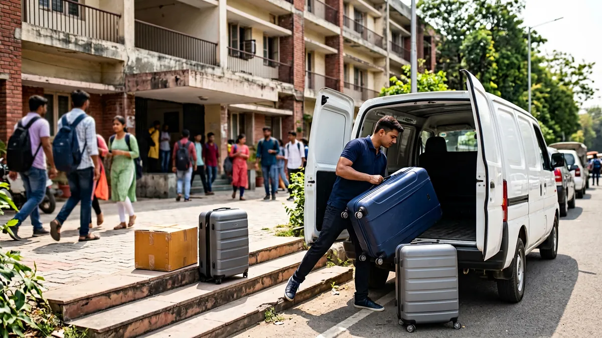 Student luggage and cartons being collected for courier pickup in Gwalior