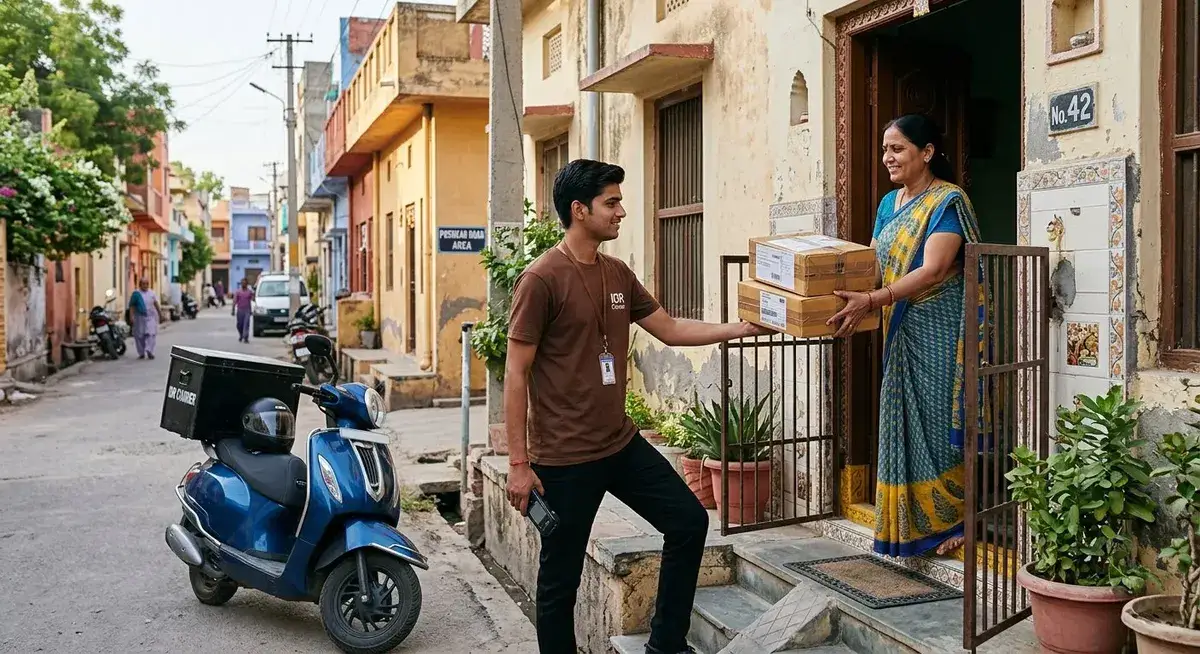 IDR Courier executive collecting sealed household cartons from a home in Ajmer, Rajasthan
