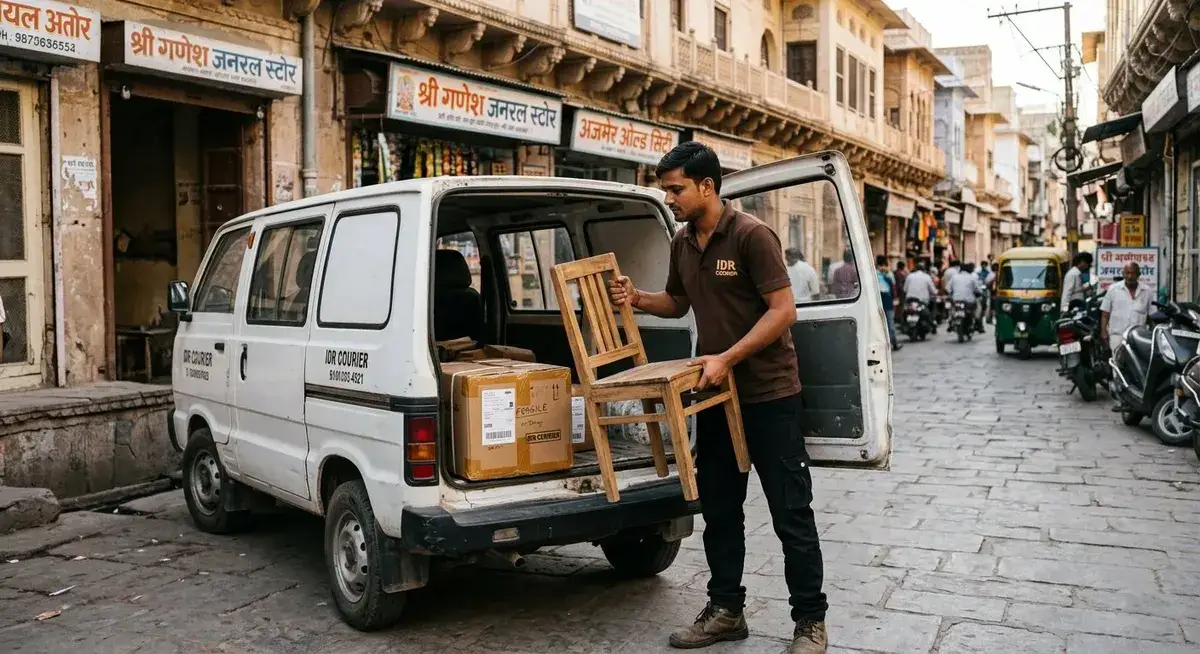 Lightweight wooden chair and household cartons loaded into a van for courier dispatch in Ajmer