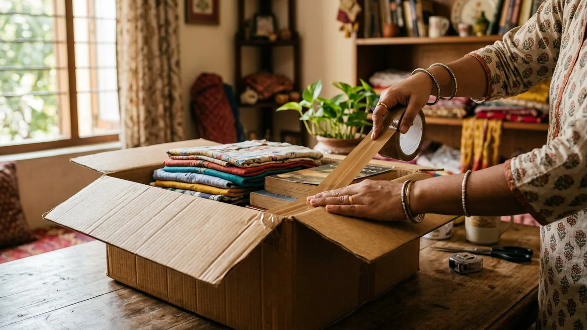 Customer sealing a household carton with packing tape before courier pickup