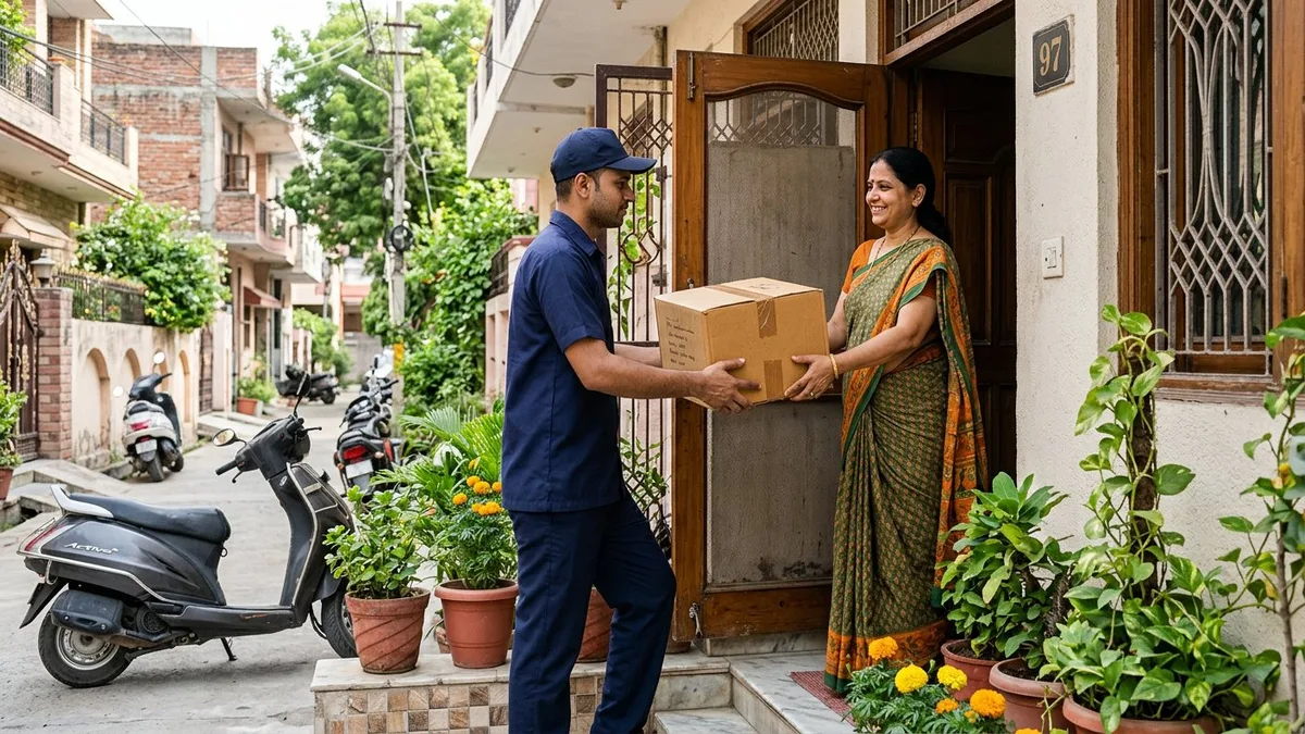 Courier executive receiving a sealed household carton at a Burhanpur home