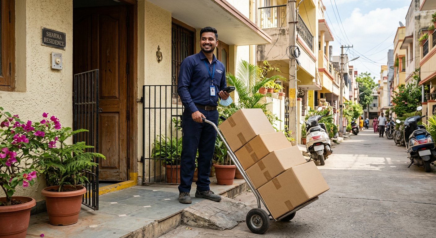 IDR Courier executive collecting sealed household boxes on a trolley from a doorstep in Dewas