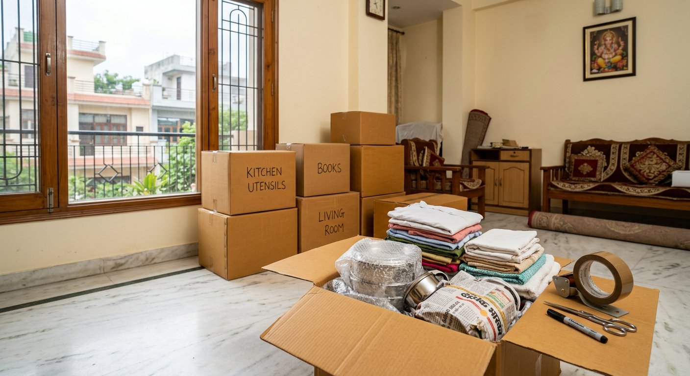 Household belongings packed in sealed cardboard cartons ready for courier shipment from Dewas