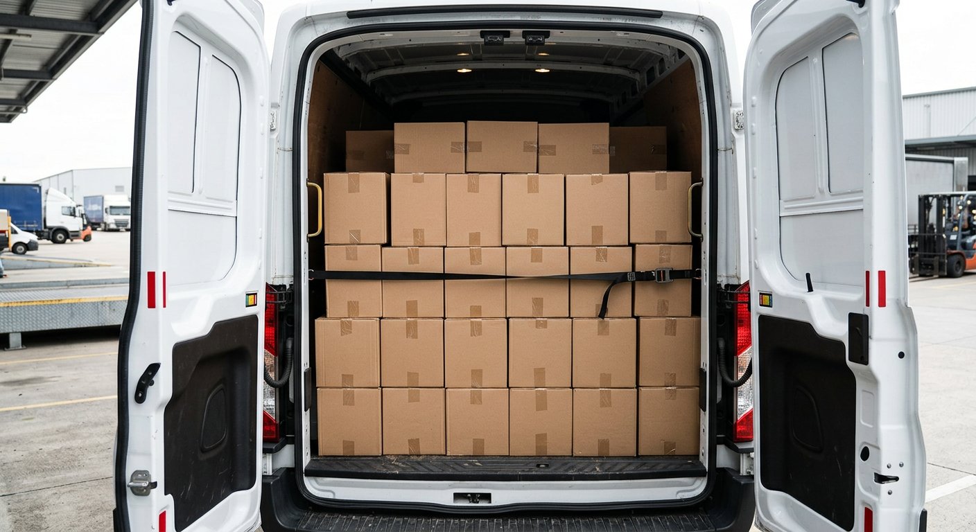 Sealed household boxes loaded inside a delivery van for pan India dispatch from Dewas