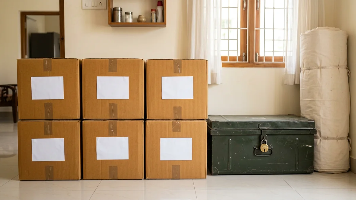 Stacked sealed household shifting cartons and a steel trunk ready for courier pickup in Gwalior