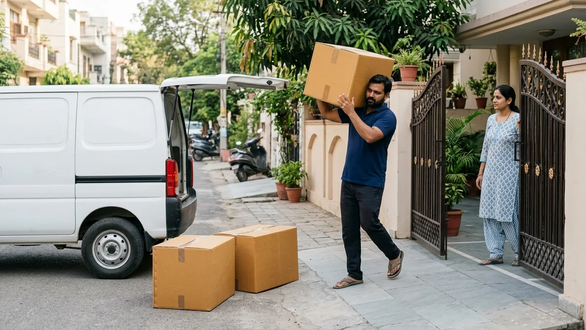 Courier executive carrying a sealed household shifting carton from a home in Gwalior