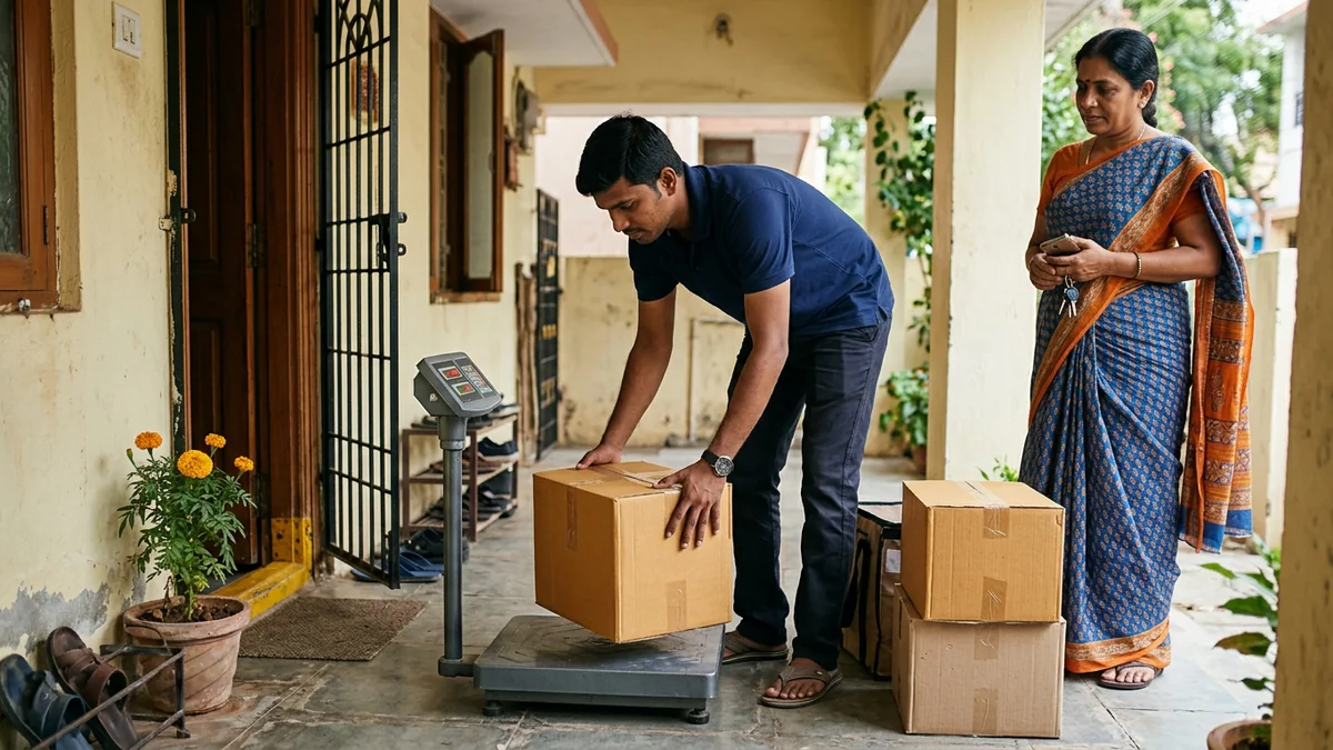 Household shifting carton being checked for chargeable weight at pickup in Gwalior