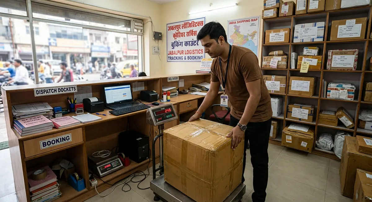 IDR Courier staff wearing brown T-shirt weighing household shifting carton on scale at Jabalpur booking counter