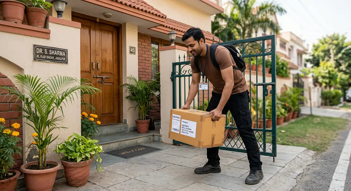 IDR Courier staff wearing brown T-shirt and black pants carrying household shifting box outside residence in Jabalpur