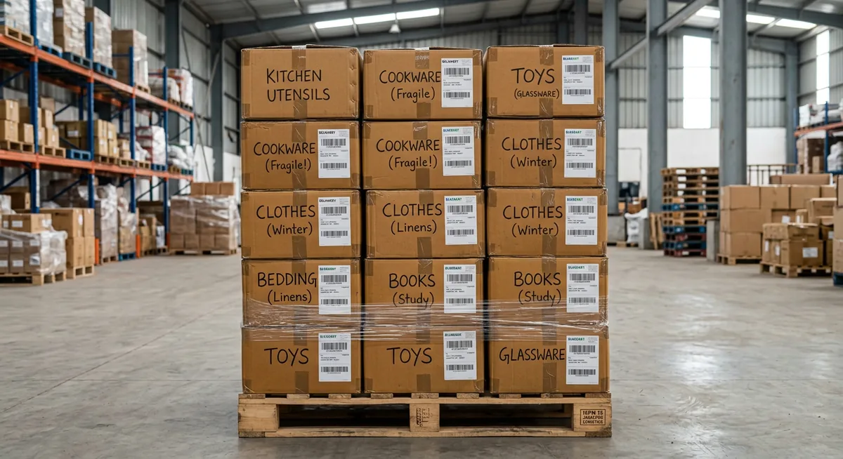 Stacked 5-ply corrugated household shifting boxes labeled Utensils and Clothes on pallet in Jabalpur