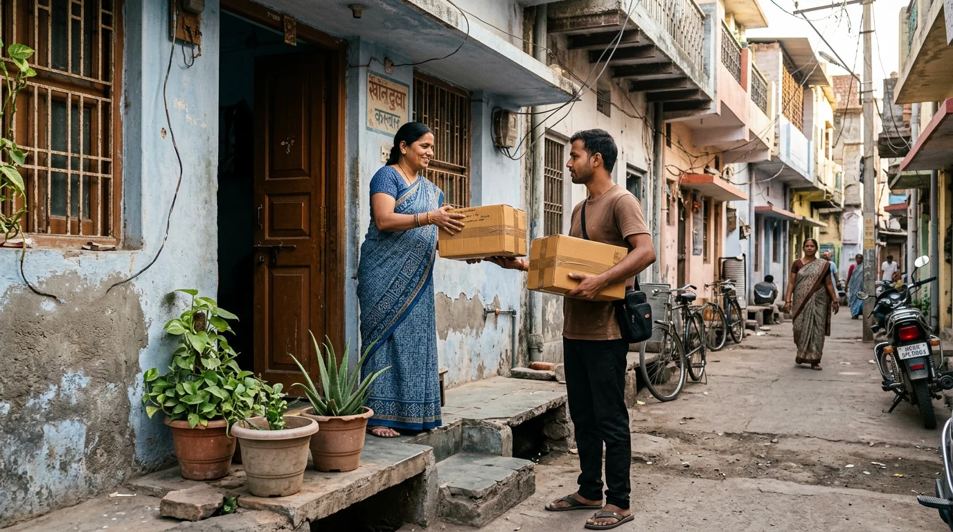 Courier worker collecting customer-packed household boxes from a Khandwa doorstep