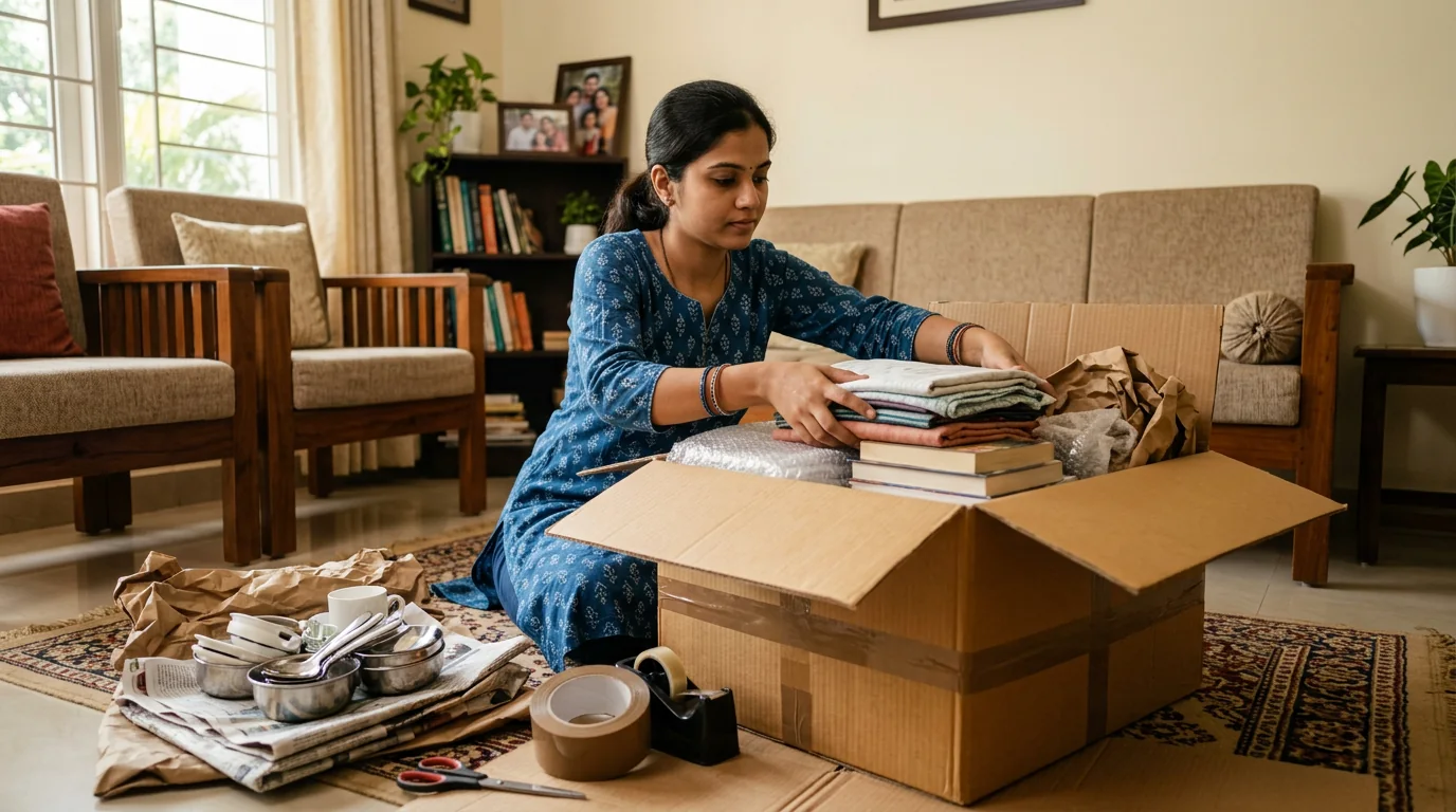 Household clothes, books and utensils being arranged with cushioning in a strong box