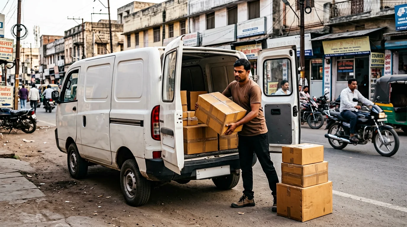 Courier worker loading household boxes into a van for intercity transport