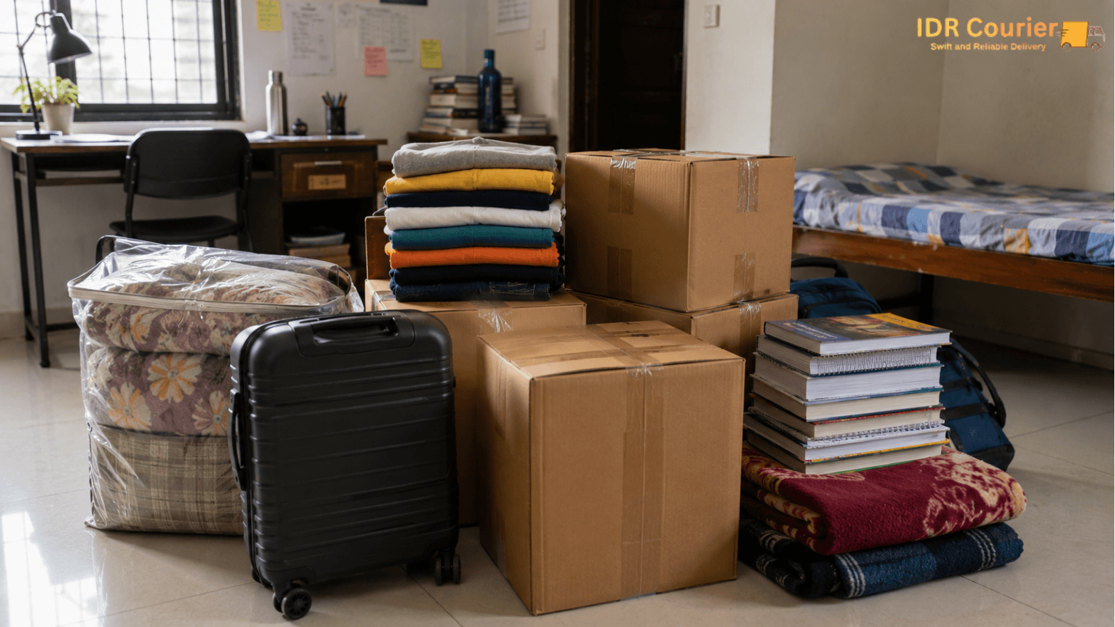 Books and clothes packed for household courier from Kota