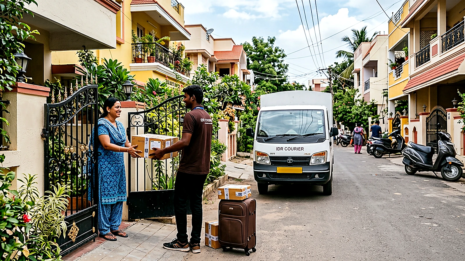 Courier executive delivering sealed household cartons and luggage at a destination residence after a Mandsaur household items booking