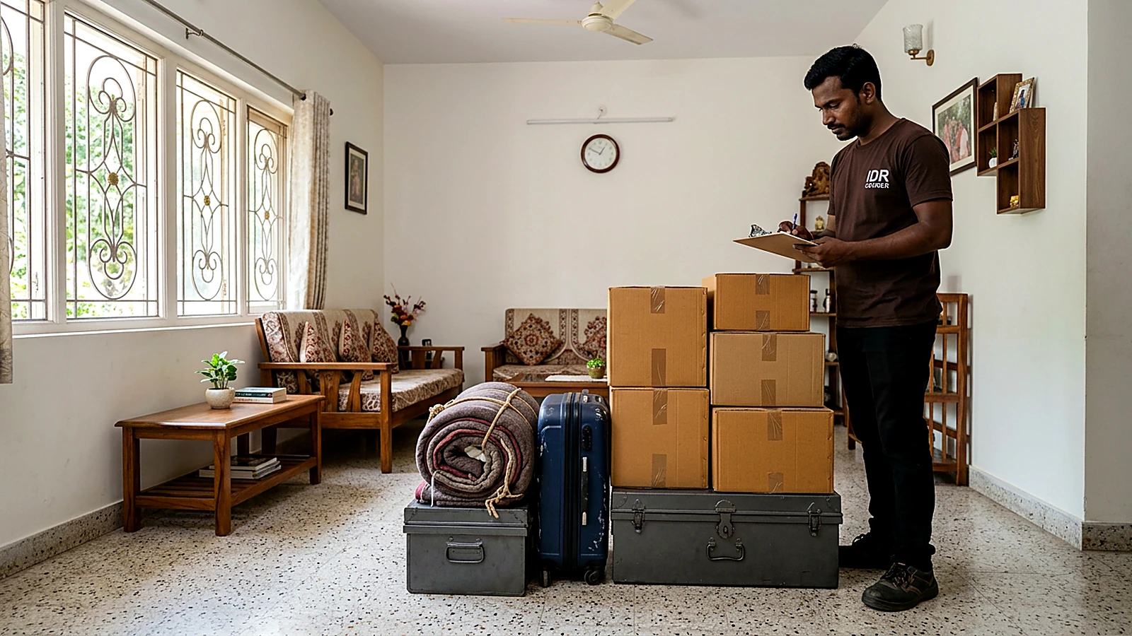 Customer-packed household cartons and luggage moving through a courier sorting and dispatch facility after Mandsaur pickup