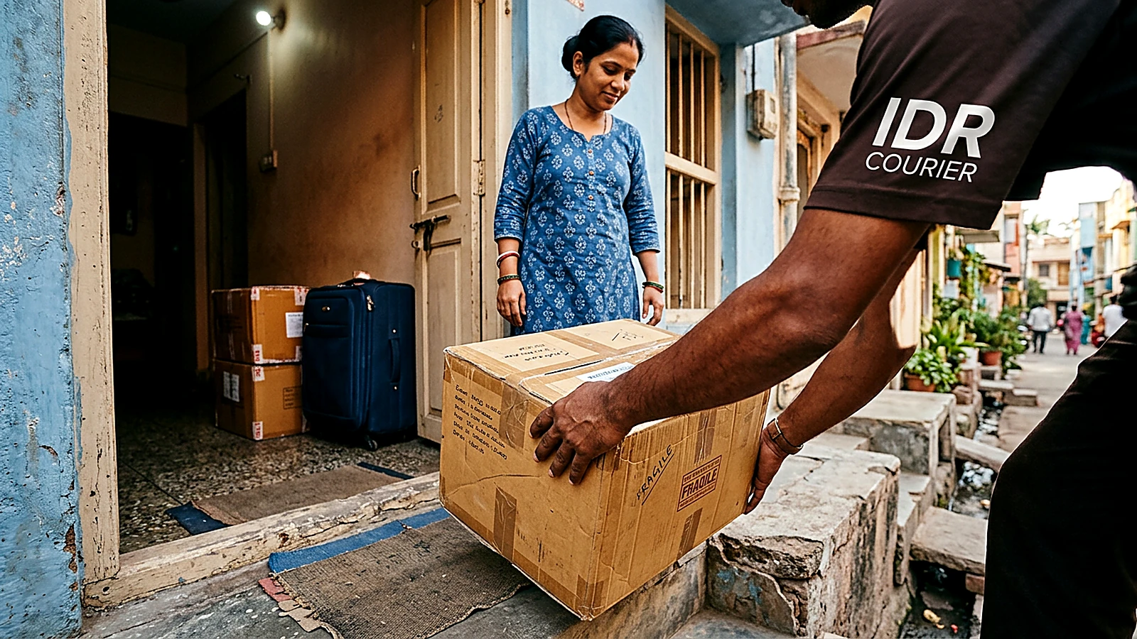 Courier executive collecting customer-packed household cartons and a suitcase from a home entrance in Mandsaur