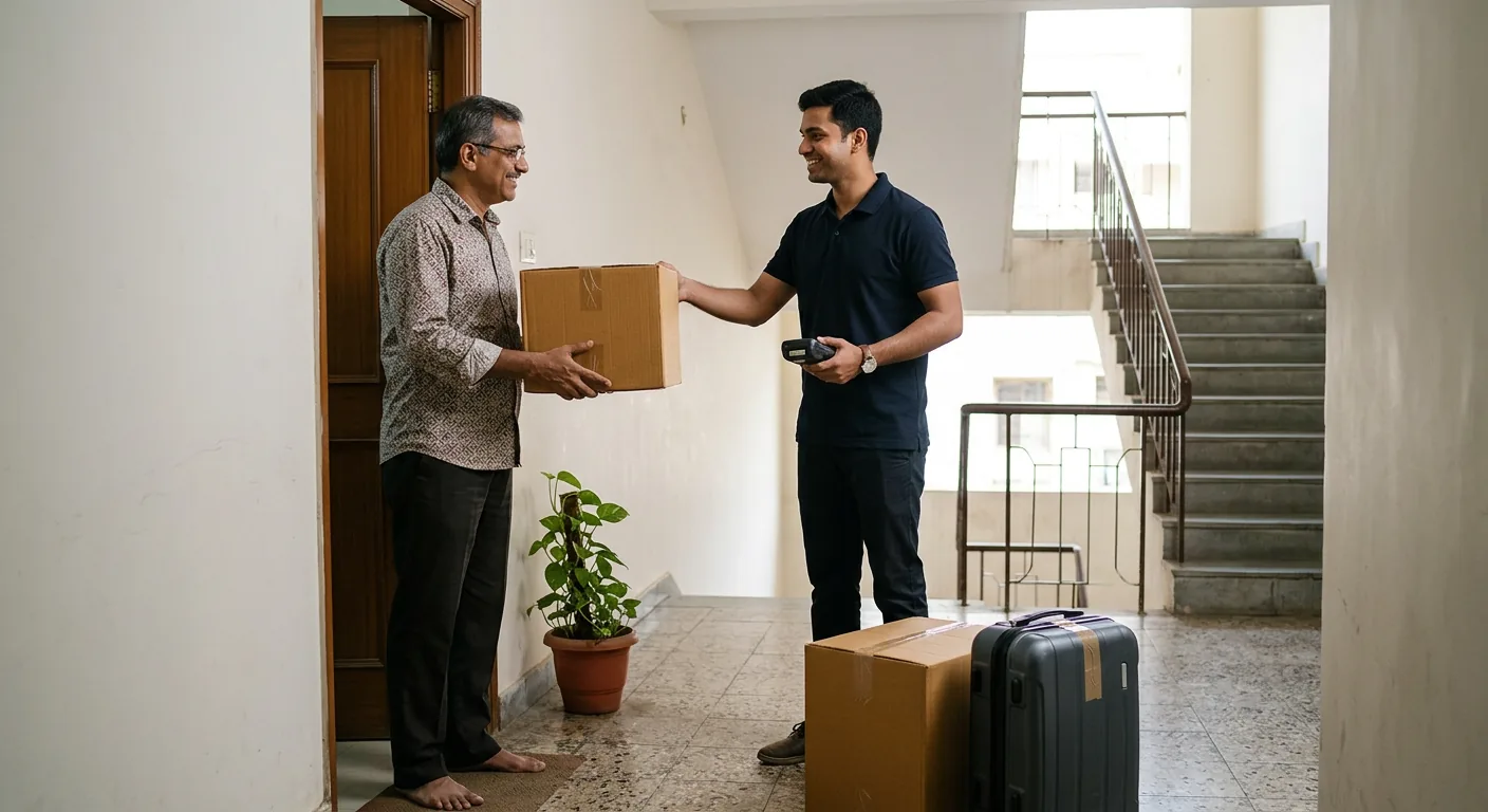 Courier executive delivering sealed household cartons and luggage at a destination residence after a Neemuch household items booking